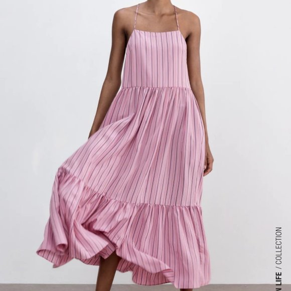 💗SALE💗 Zara Pink Striped Strappy Maxi Poplin Dress - Picture 10 of 17